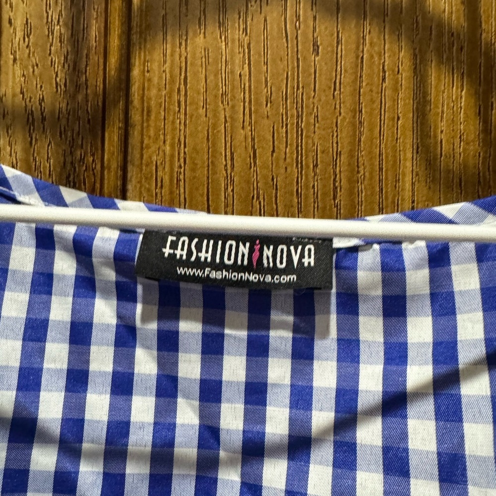 Fashion Nova Blue Checkered Wrap Blouse - Picture 6 of 7